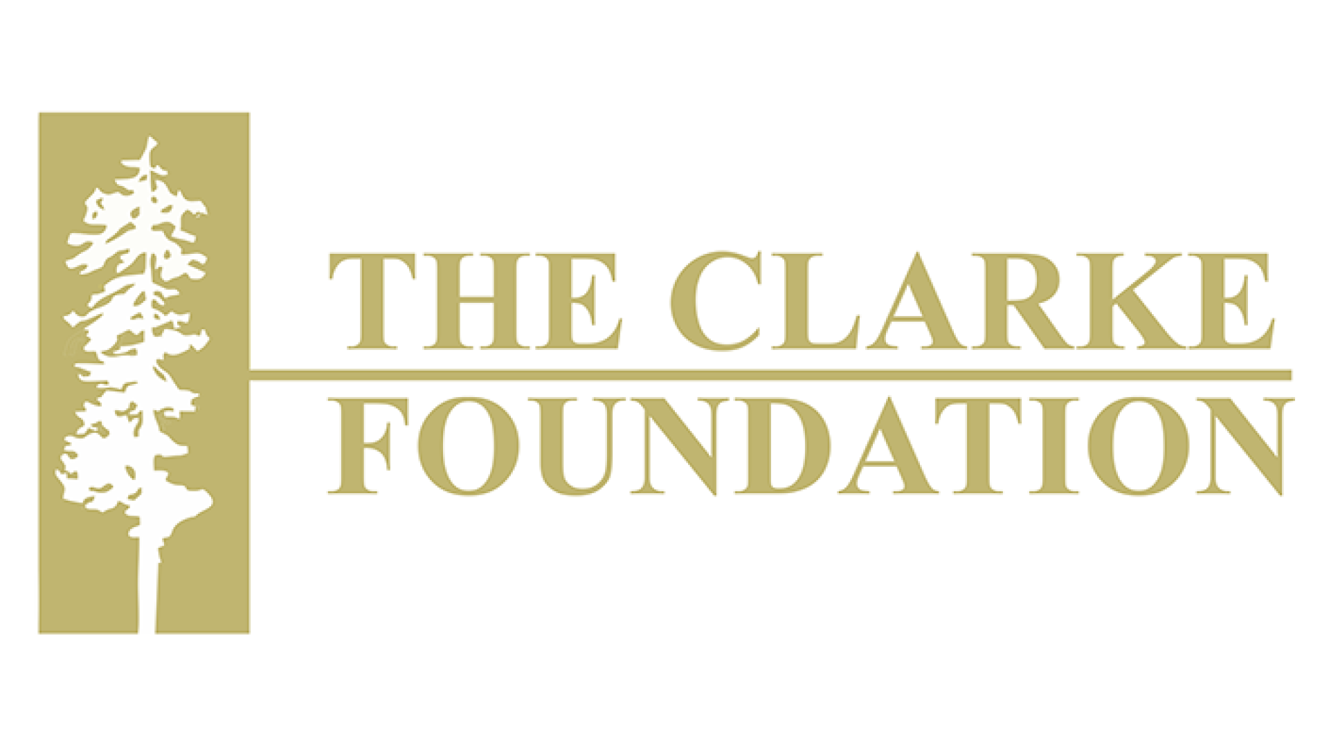 Gold "the clarke foundation" logo font with tree