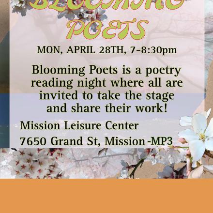Blooming Poets poetry reading night event info and blooming cherry blossoms