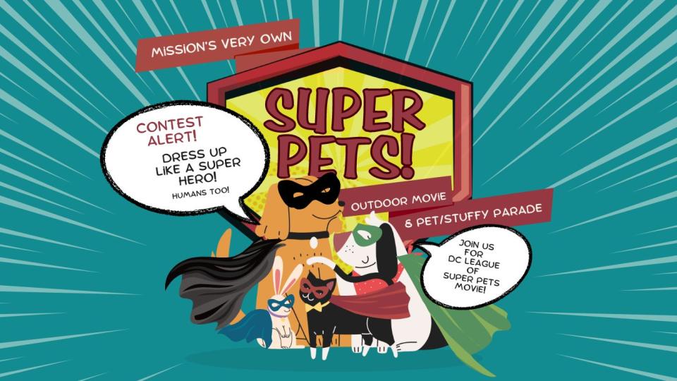 Cartoon image of pets wearing costumes promoting outdoor movie night