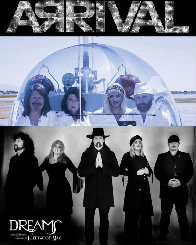 Arrival abba tribute band members peering through a helicopter windshield in full costume and dreams band standing in for holding hands