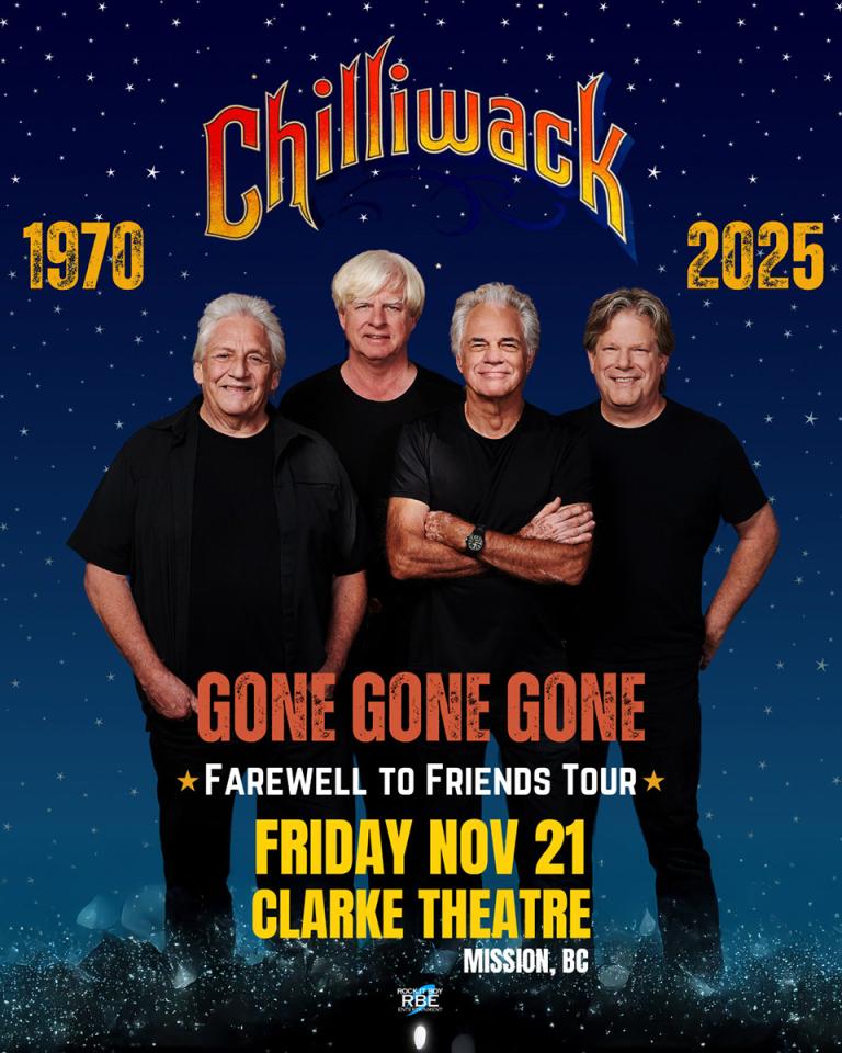 Original Chilliwack band members in row dressed in black smiling concert poster