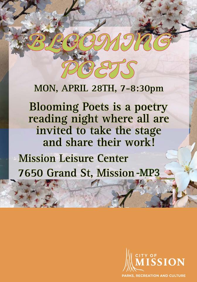 Blooming Poets poetry reading night event info and blooming cherry blossoms