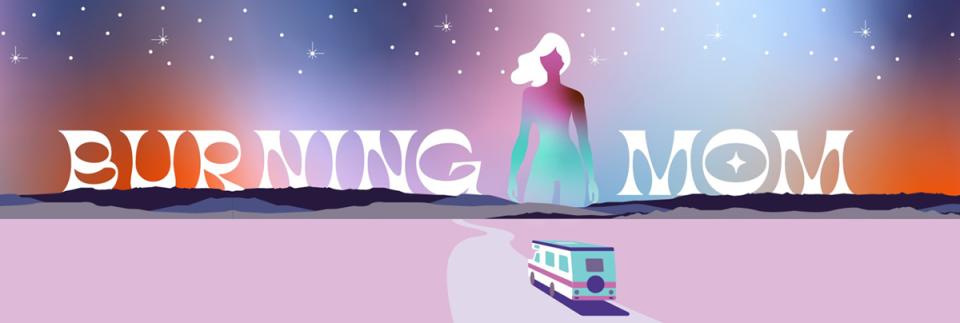 cartoon space woman against a stary sky and travelling rv