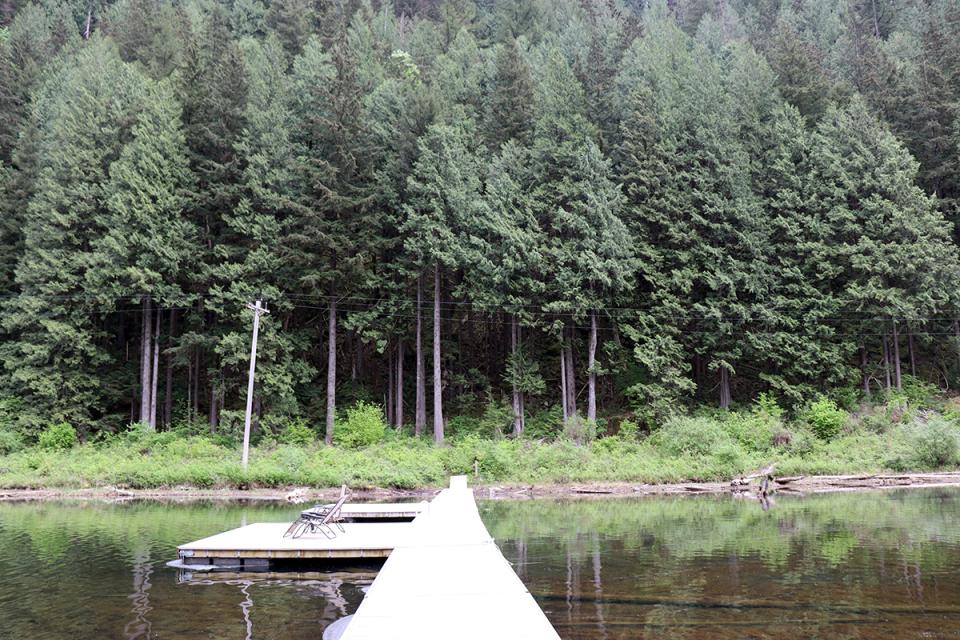 Floating bridge on devils lake with an empty camp chair and mossy trees in background