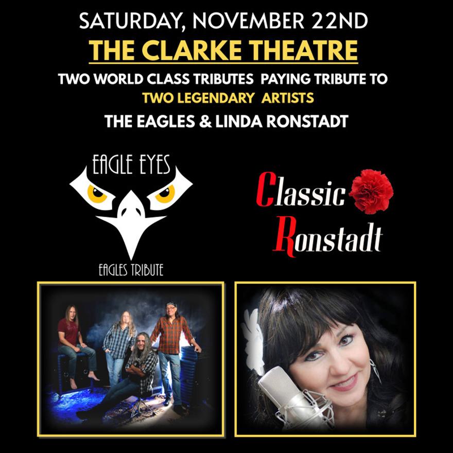 Listed concert info and photo of eagle eyes band and headshot of linda ronstadt