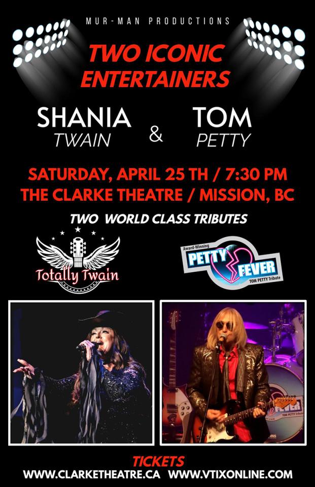 Concert event details and headshots of twain and petty performing on stage singing