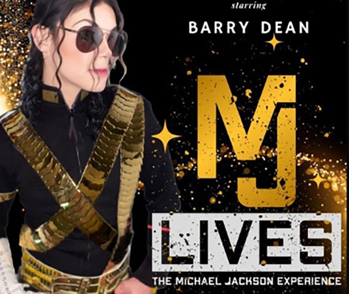 MJ impersonator in full costume close up with stage glitter and concert details