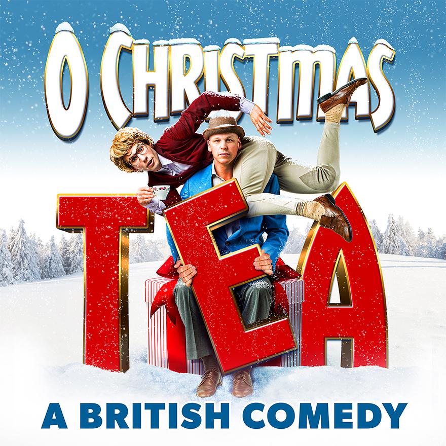 goofy actors posing on top of a christmas present with tea event poster