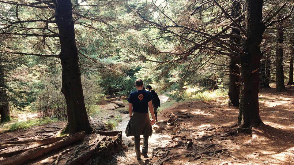 Fall pine forest trail with man and woman's backside leading way along the trail