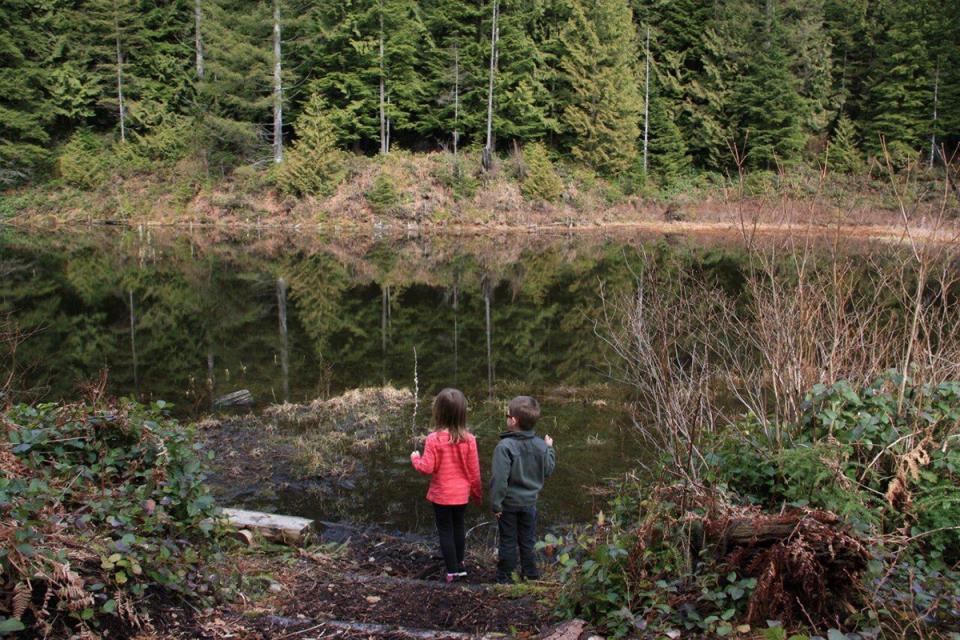 2 children peering out into mill lake with forest in background