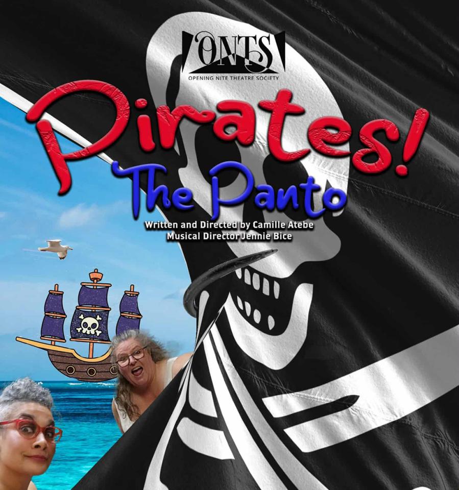 Pirate flag event poster with movie directors peeking around from corner of flag smiling