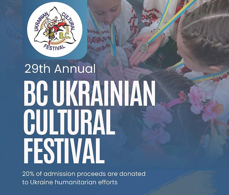 Ukrainian girls in full traditional costume comparing medals & event detail advertisment