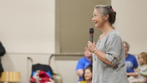 Kim Walker speaking at the unveiling of the Fujikawa Family Interpretive Sign