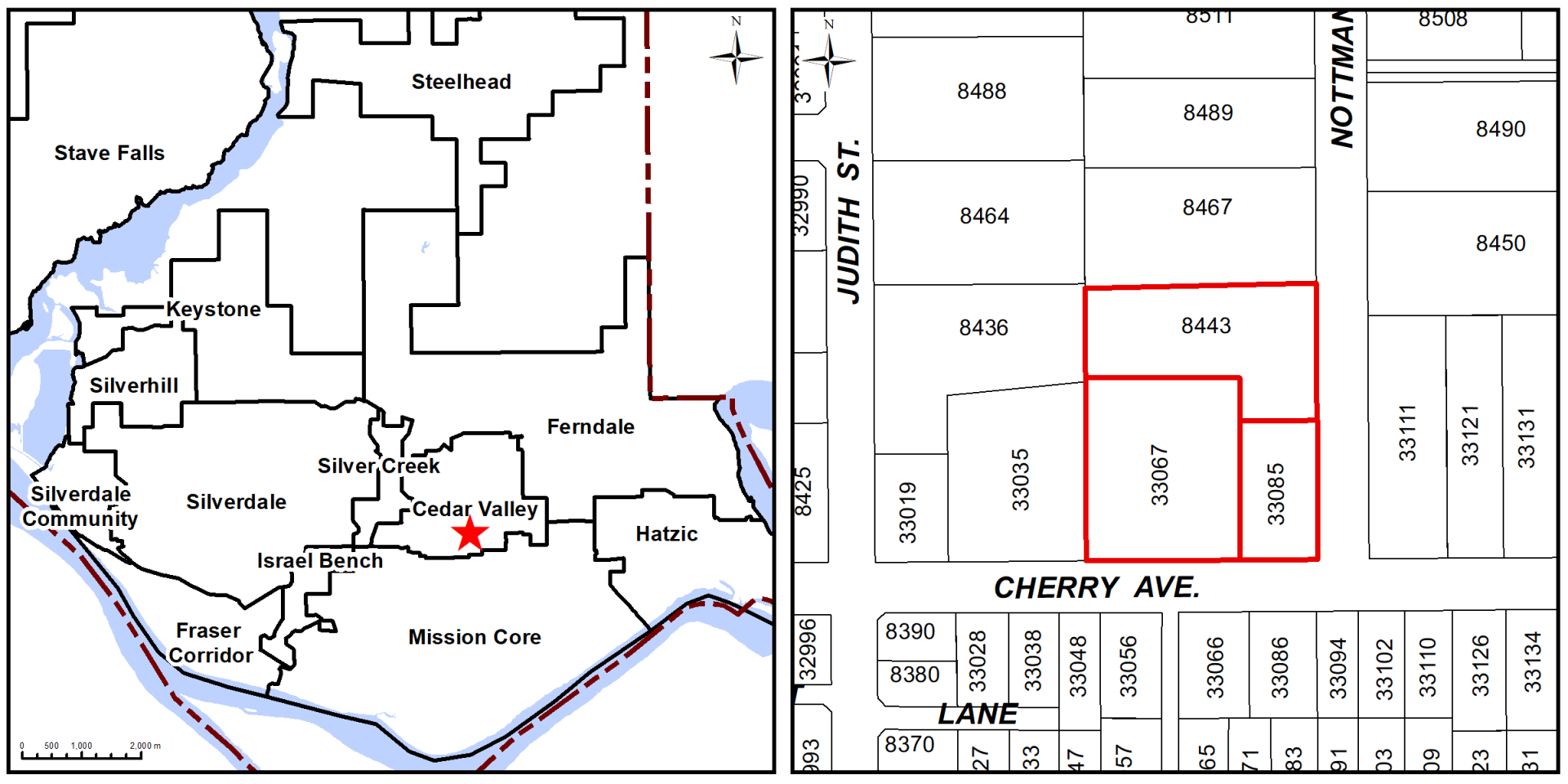 A map of 33067 and 33085 Cherry Avenue, and 8443 Nottman Street