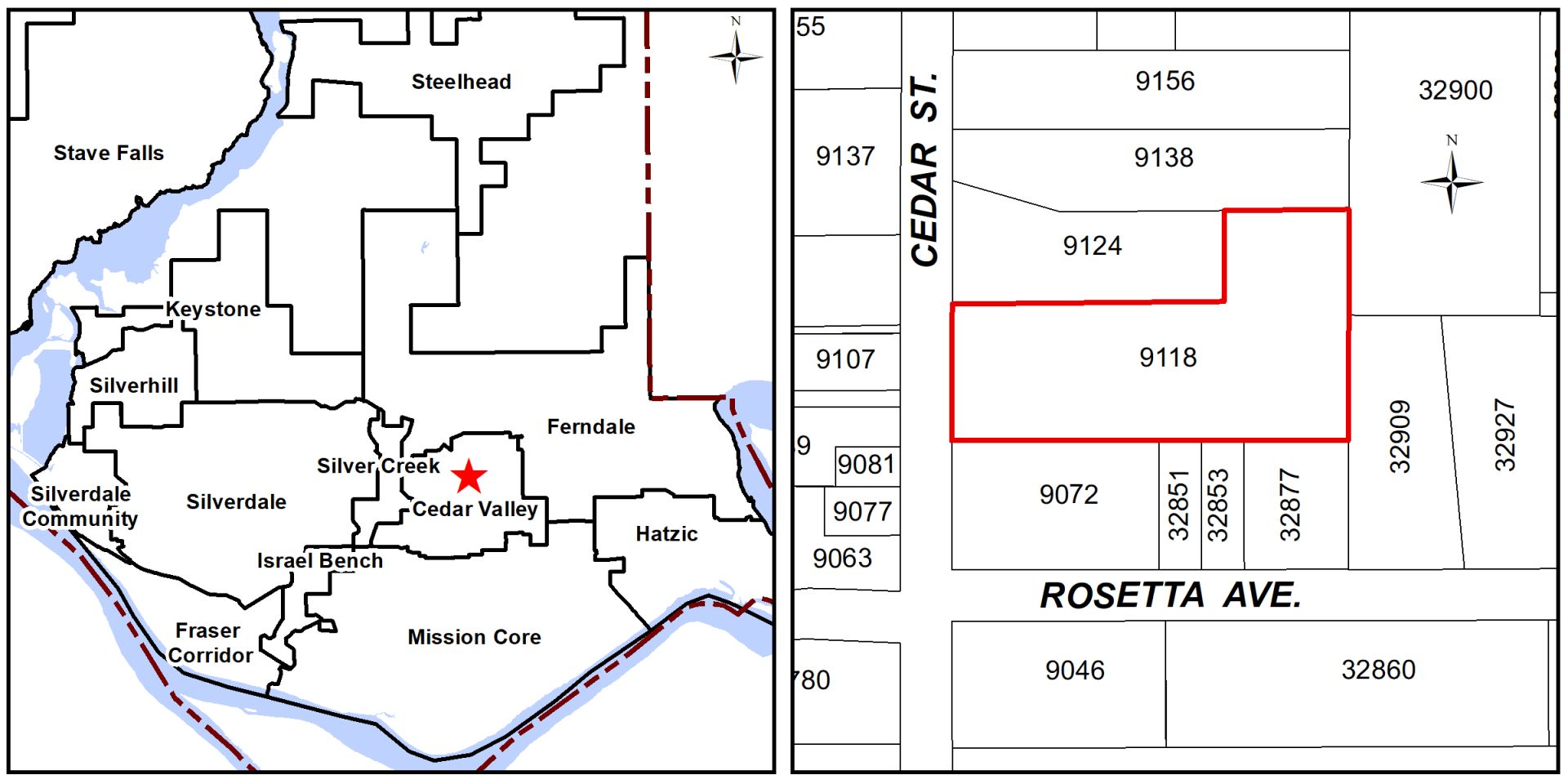 A map of 9118 Cedar Street in Mission