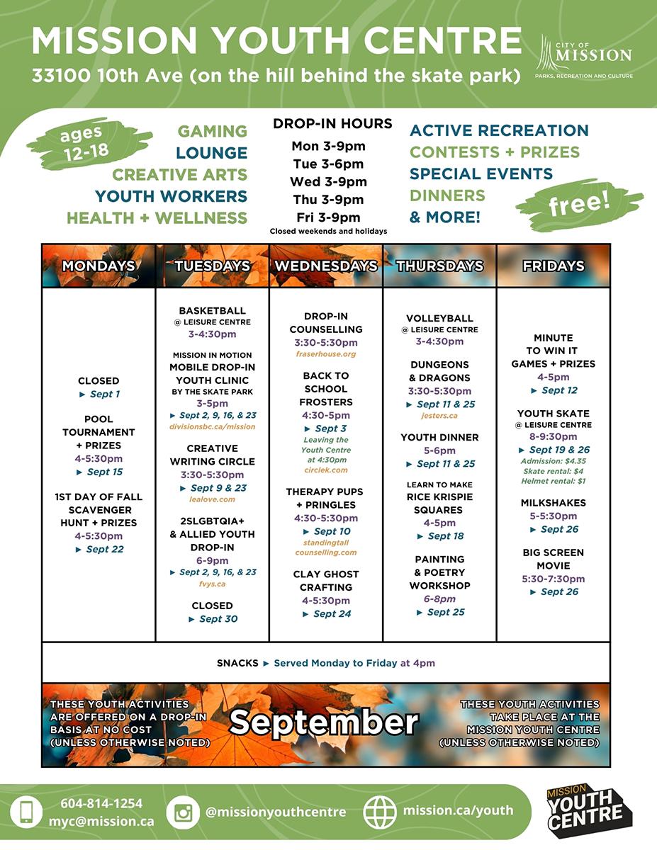 youth centre september events calendar